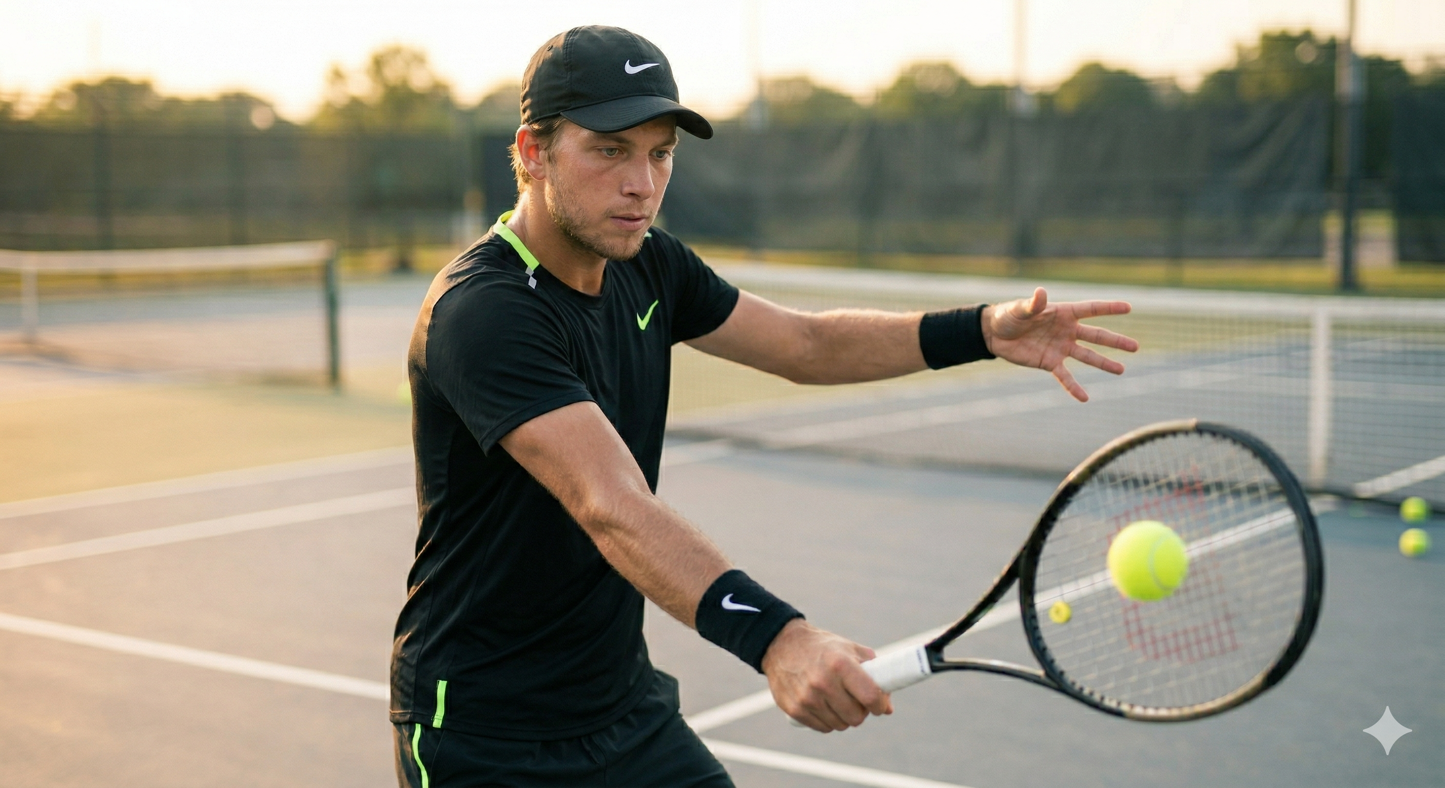 Tennis player executing a powerful backhand with perfect technique