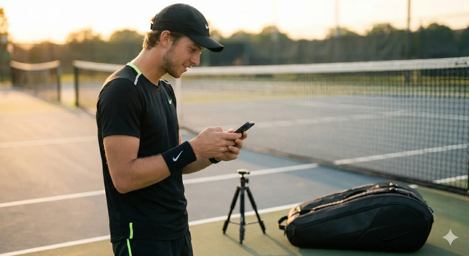 Player setting up tripod to record swing for SmartSwing AI analysis