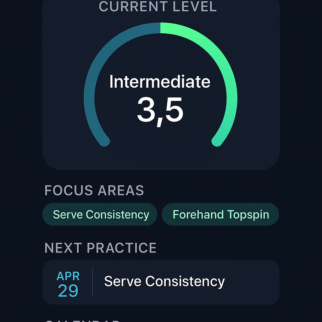 SmartSwing AI player progress dashboard showing current level and next practice