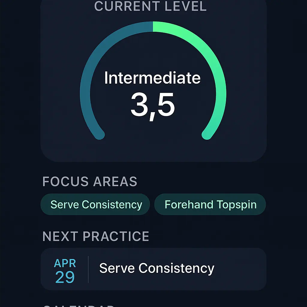 SmartSwing AI player progress dashboard showing current level and next practice